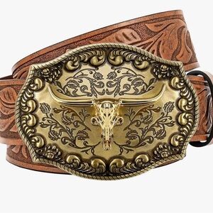 Western cowgirl/ cowboy longhorn buckle leather embossed belt womens or …